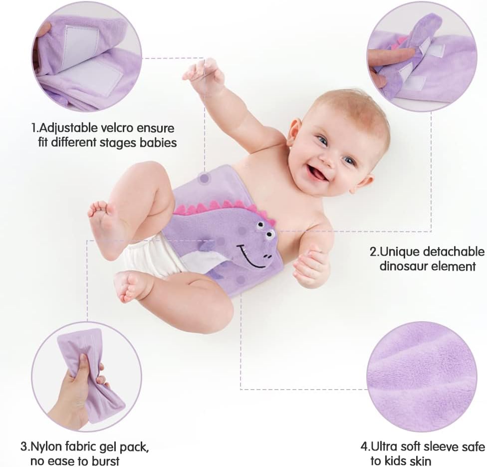 Hilph Baby Colic, Gas and Upset Stomach Relief, Heated Warmer Tummy Wrap with 2 Gel Packs for Newborns and Infants, Baby Heating Pad Swaddling Belt Natural Relief (Purple Dinosaur) - Image 3